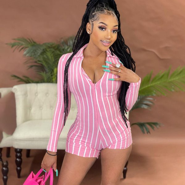 Lapel Zipper Slim Vertical Stripes Women's One-piece Shorts - Image 2