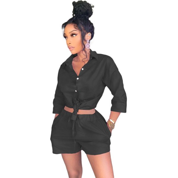 Solid Color Button Double Pocket Shirt Set - Image 2