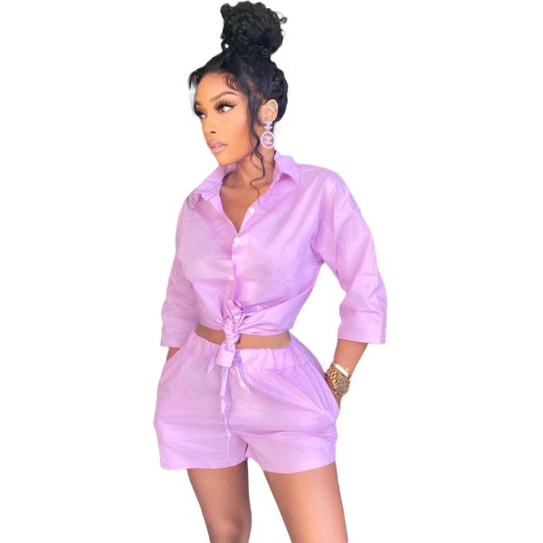 Solid Color Button Double Pocket Shirt Set - Image 4