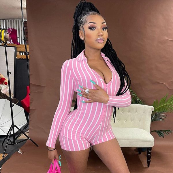 Lapel Zipper Slim Vertical Stripes Women's One-piece Shorts - Image 4