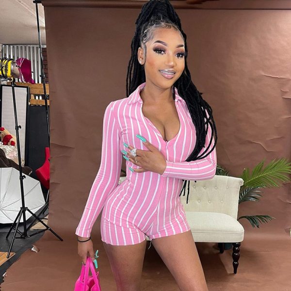 Lapel Zipper Slim Vertical Stripes Women's One-piece Shorts - Image 3