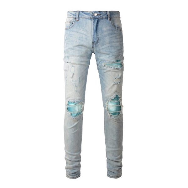 Baby Blue Wash Water Worn Patch Torn Jeans Male - Image 4