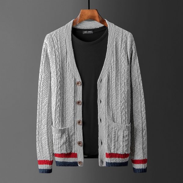 American Style Trend Pure Cotton Cardigan Sweater Plus Size V-neck Coat Contrast Color Men - Image 3