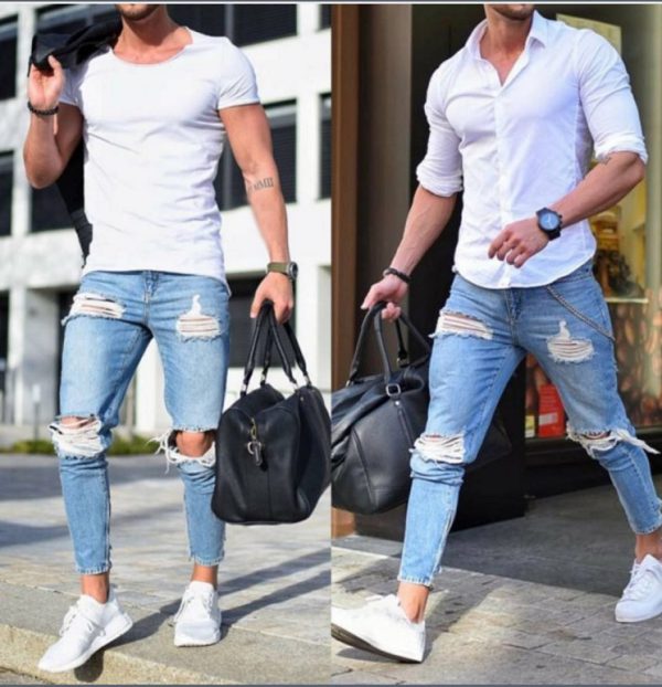 European And American Men's Skinny Jeans Light Color Hole Skinny Pants - Image 7