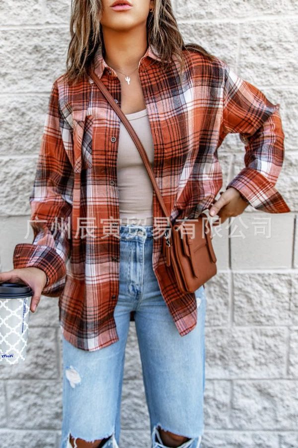 Cotton Polo Collar Loose Women's Plaid Shirt - Image 6