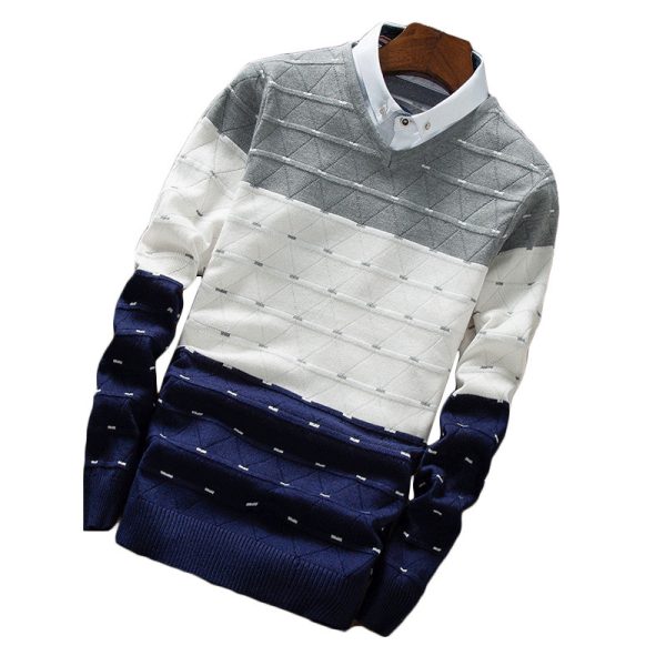 Men's Knitted Sweater Fake Two-piece Shirt Collar Sweater Men - Image 2
