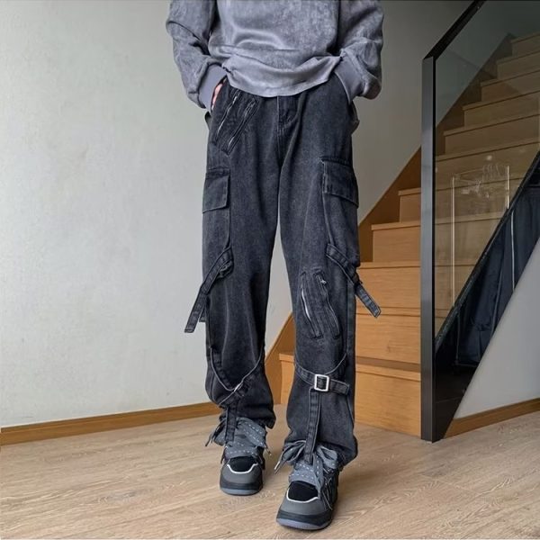 Men's Loose-fit Functional Zipper Lace-up Jeans - Image 8