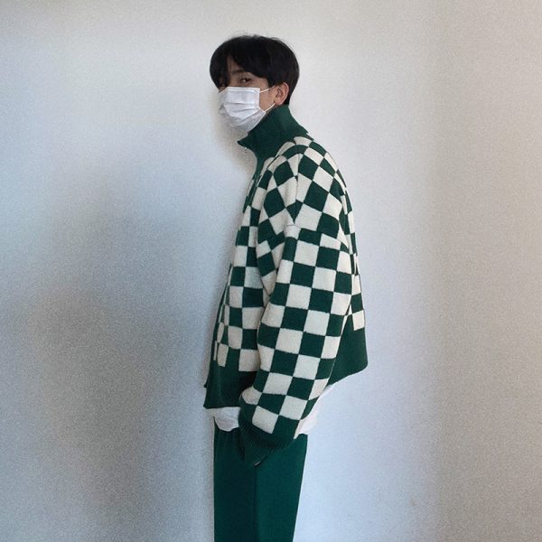 Checkerboard Sweater Men's Loose Trend Stand Collar - Image 2