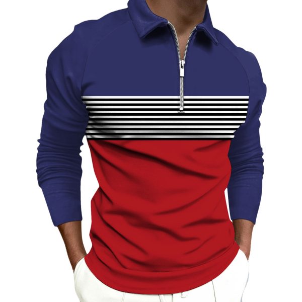 Striped Black Raglan Polo Shirt Printed Simple Zipper Lapel Long Sleeve T-shirt Men - Image 7