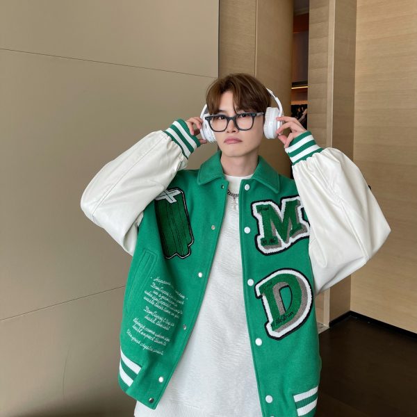 Contrasting Design Letter Embroidery Woolen Jacket Men - Image 2