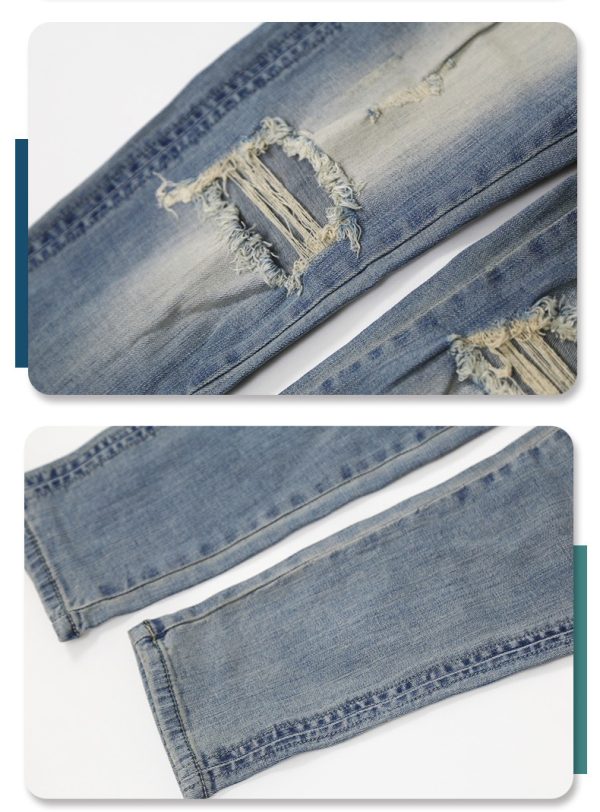 Pure Black Stretch Jeans With Holes For Men - Image 7