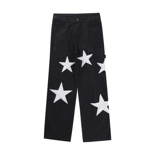 Five Pointed Star Flocking Embroidered Jeans For Men - Image 4