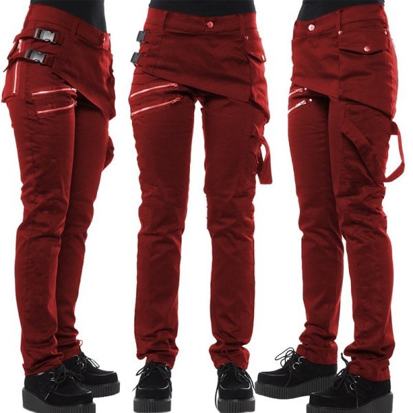 Solid Trend Rivet Four Button Side Snap Diagonal Zipper Pocket Casual Pants - Image 2