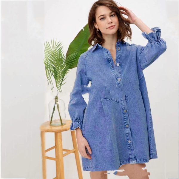 Lantern Sleeve Denim Polo Shirt Jumpsuit Skirt - Image 9