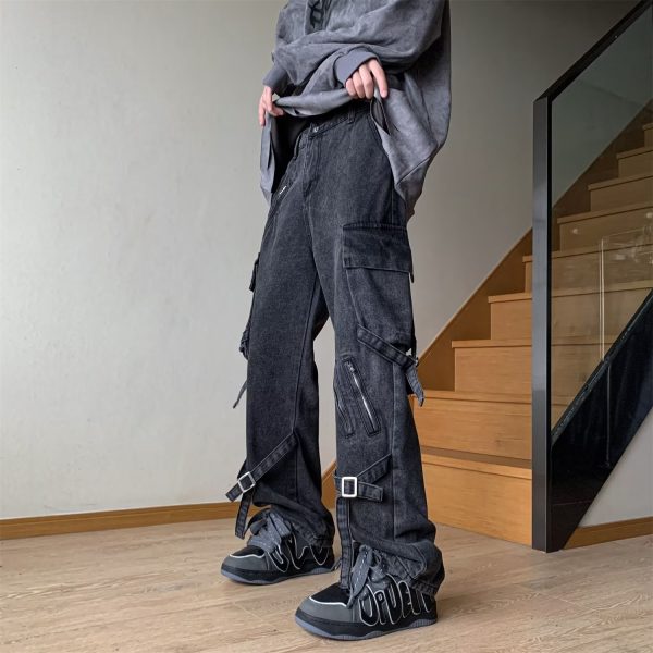 Men's Loose-fit Functional Zipper Lace-up Jeans - Image 5