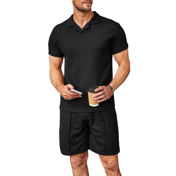 2pcs Set Men V Neck Polo Shirt Lapel Short Sleeve Men's Suit Waffle Style Casual Fashion T-Shirt Summer - Image 2