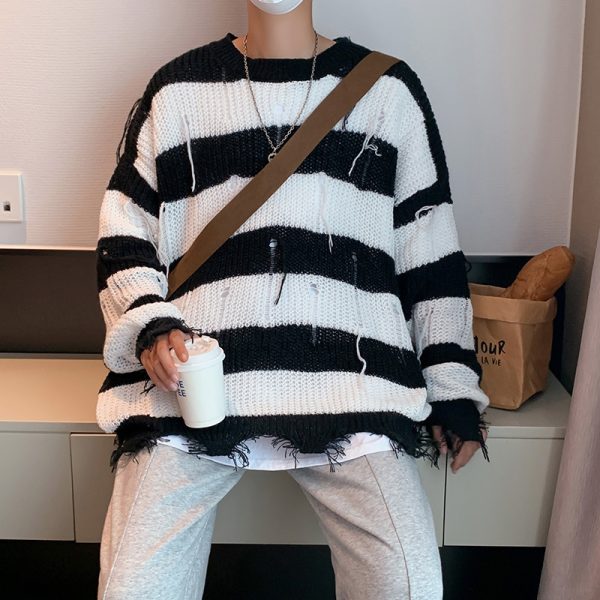 Men Ripped Fringe Striped Sweater - Image 4
