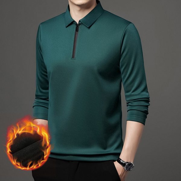 Half Zipper Fleece-lined Thickened Polo Shirt Men Polo Collar Solid Color - Image 4