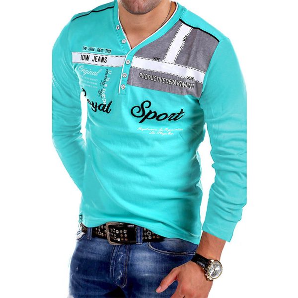 V-Neck Polo Shirt Letter Printing Long-Sleeved T-Shirt Men - Image 3