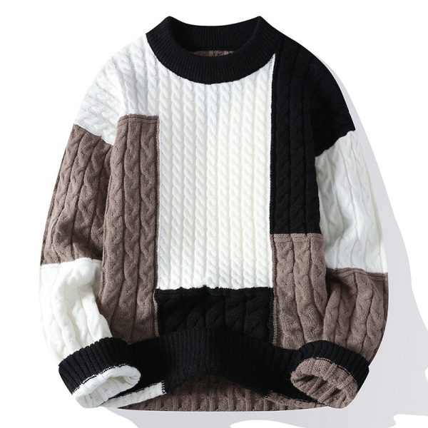 Men's Crew Neck Pullover Sweater Color Contrast Patchwork - Image 2