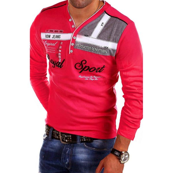 V-Neck Polo Shirt Letter Printing Long-Sleeved T-Shirt Men - Image 4