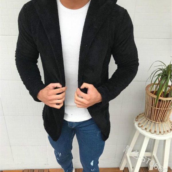Casual Solid Color Long-sleeved Hooded Fluffy Jacket Men - Image 2