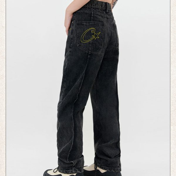 Street Washed Stitching Straight Jeans For Men And Women - Image 8